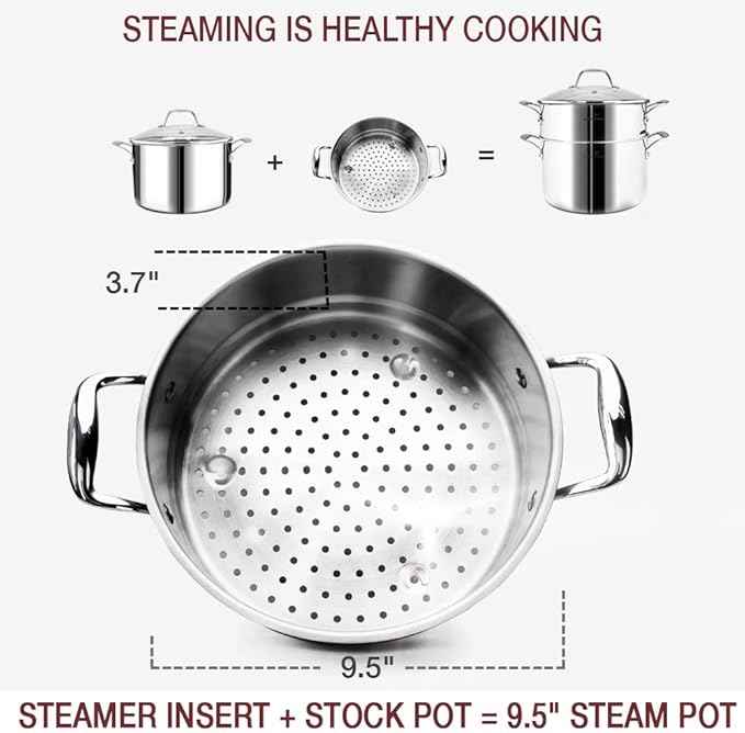HOMICHEF 14-Piece Nickel Free Stainless Steel Cookware Set Whole-Clad 3-Ply - Mirror Polished Pots And Pans Set - Healthy Cookware Set With Steamer - Non-Toxic Induction Cookware Sets