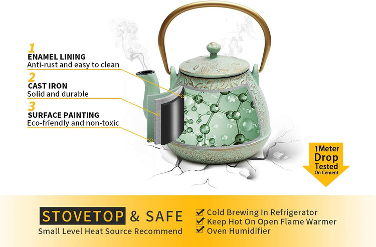 Tea Kettle, TOPTIER Japanese Cast Iron Teapot with Infuser for Loose Leaf and Tea Bags, Stovetop Safe Cast Iron Tea Kettle Coated with Enameled Interior for 40 oz (1200 ml), Light Green