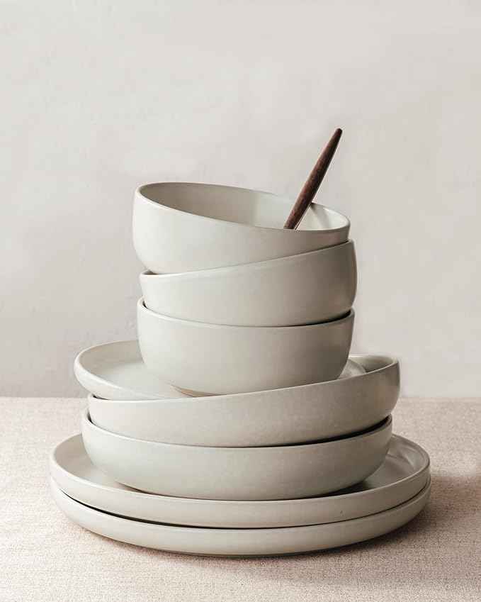 Famiware Milkyway Stoneware Dinnerware Sets with Pasta Bowls, Service for 4 (16 Pieces), Reactive Glaze Plates and Bowls Sets, Microwave and Dishwasher Safe Dishes Set, Matte Beige White