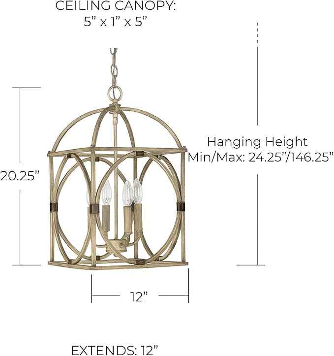 Capital Lighting 4521FO Surrey Urban/Industrial Lantern Foyer Pendant, 4-Light 240 Total Watts, 20" H x 12" W, French Oak
