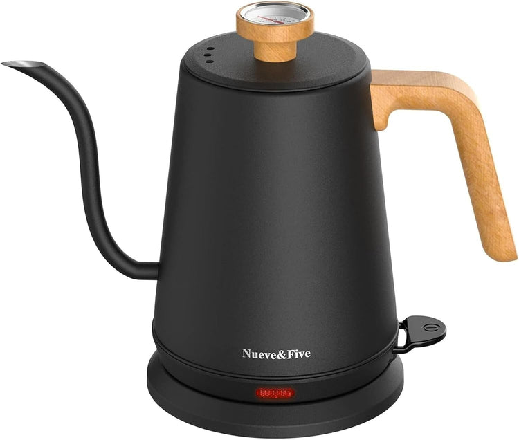 Nueve&Five Gooseneck Electric Kettle with Thermometer, Black Electric Kettle 1L with Auto Shut-Off,1000W Hot Water Kettle of Stainless Steel, Pour Over Kettle for Coffee & Tea