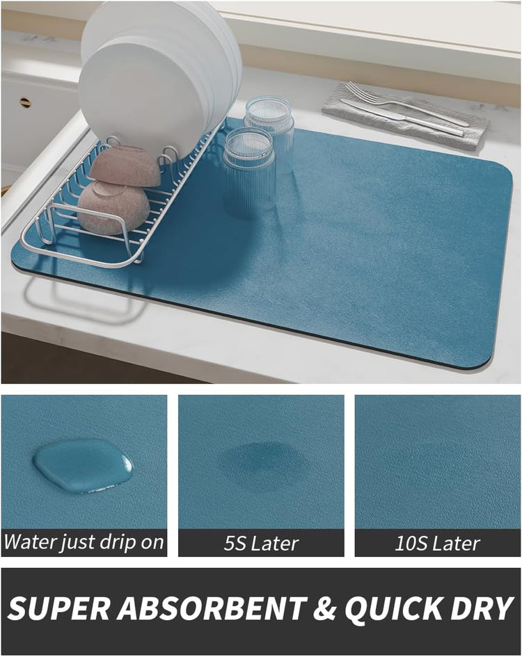 AMOAMI-Coffee Mat Hide Stain Rubber Backed Absorbent Dish Drying Mat for Kitchen Counter-Coffee Bar Accessories Fit Under Maker Machine Pot Espresso Machine Dish Rack Blue