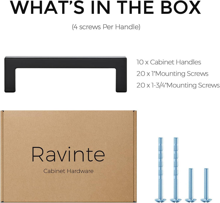 Ravinte 10 Pack Black Drawer Pulls - 3.5 Inch Slim Square Bar Kitchen Handles Matte Black Cabinet Pulls
