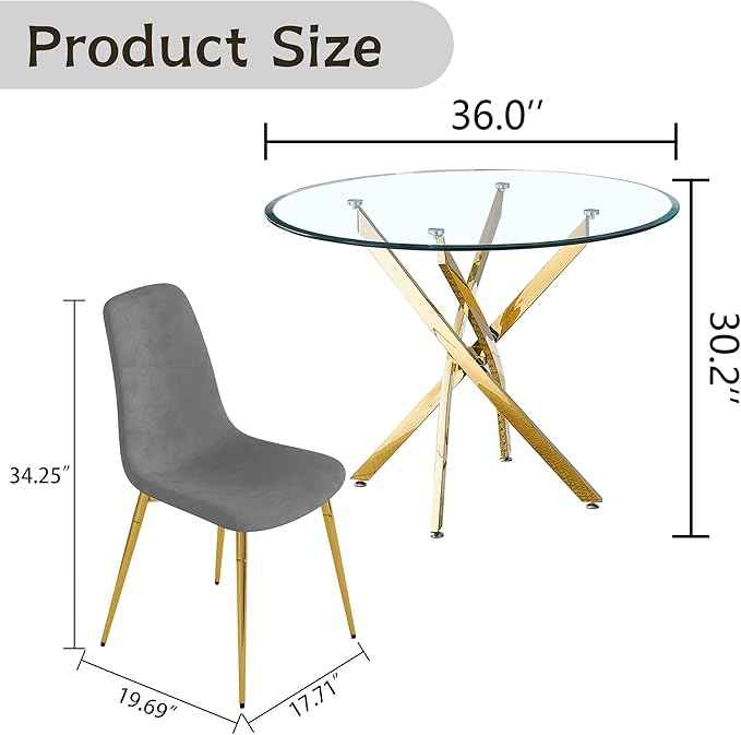AF ARTISAN FURNITURE 36" Round Glass Dining Table Set for 4, 5-Piece Modern Kitchen Table with 4 Grey Velvet Chairs, Modern Circle Leisure Table for Home Office Dining Room Small Spaces (Gold Leg)
