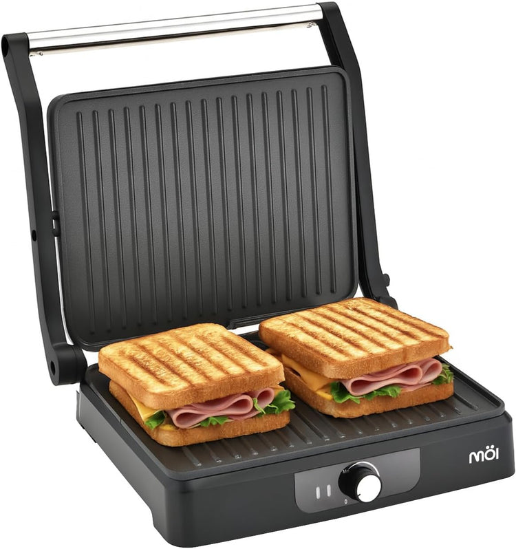 MOI Panini Press Grill & Sandwich Maker - 180Β° Dual-Plate Stainless Steel Grill Press for Paninis, Grilled Cheese, Burgers, Quesadillas, Breakfast, and More - 11 x 9 Inch Panini Maker with Drip Tray