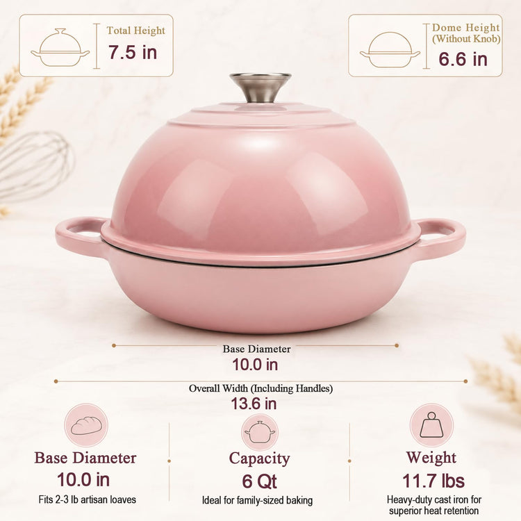 6QT Enameled Cast Iron Dutch Oven for Sourdough Bread Baking