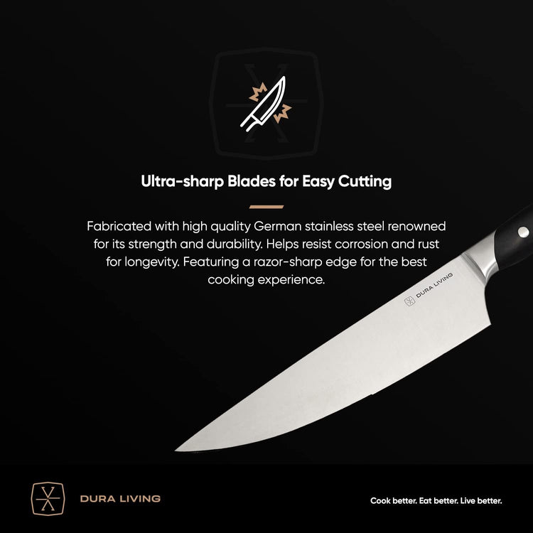 3-Piece Kitchen Knife Set – Ultra-Sharp German Stainless Steel, 8” Chef, 5” Utility, and 3.5” Paring Knives with Ergonomic Handles, Multipurpose Kitchen Knife Set, Black