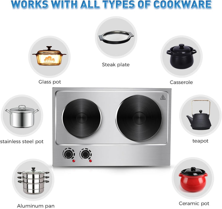 Hot Plate,Cusimax Double Burner 1800W Cast Iron Heating Plate,Electric Stove with Adjustable Temperature Control,Stainless Steel,Suitable for Various Scenarios Upgraded Version