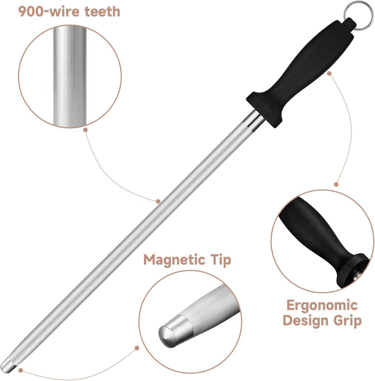 Kitchen Knife Sharpener Rod-12 Inches Professional Carbon Steel Knife Sharpening Honing Rod with Hanging Holes for Household, Chef, Hunting Sporting and Pocketknives, 17" Overall