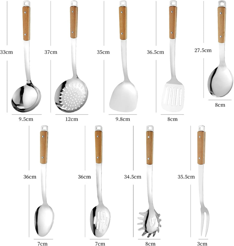 9pcs Cooking Utensils Set 304 Stainless Steel Kitchen Utensils with Wooden Hanlde Metal Kitchen Utensils Soup Ladle Set Dishwasher Safe Kitchen Essentials Set Kitchen Tool Set, Dishwasher Safe
