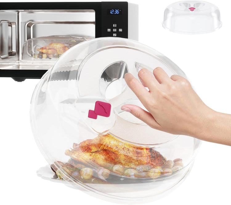 Microwave Splatter Cover 12 Inch Large Plate Cover for Microwave Oven 2 in 1 Food Grade Plastic with Silicone Air Vent Tall Lid BPA Free 2 Pack Clear