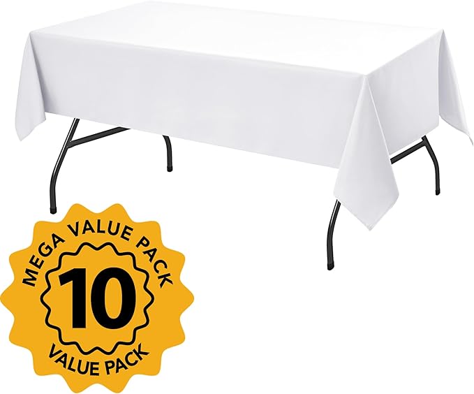 10-Pack White Tablecloths for Rectangle Tables, 60 x 102 Inches, Stain-Resistant Polyester Fabric for 6 Foot Tables - Washable Table Covers for Weddings, Banquets, Birthday, Parties, Events