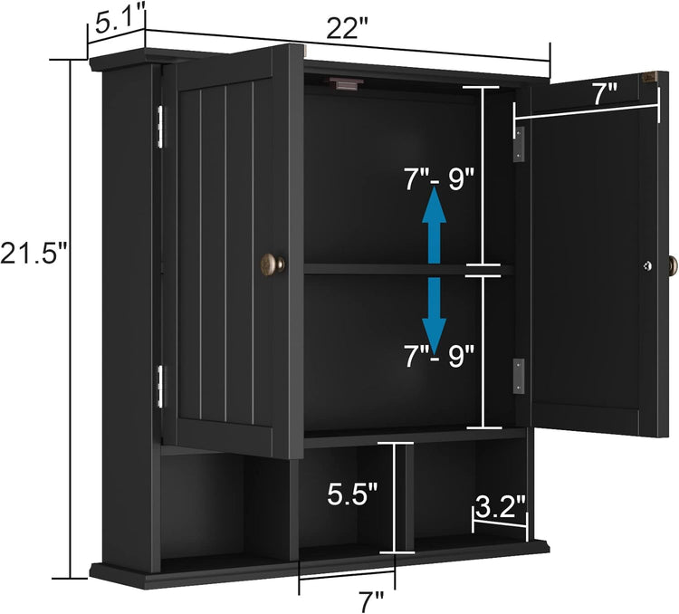 ChooChoo Bathroom Cabinet Wall Mounted 2-Door with 3 Open Shelves, Wooden Medicine Cabinets with Adjustable Shelf,Space Saver Storage Cabinets Over The Toilet for Bathroom&Living Room,Black