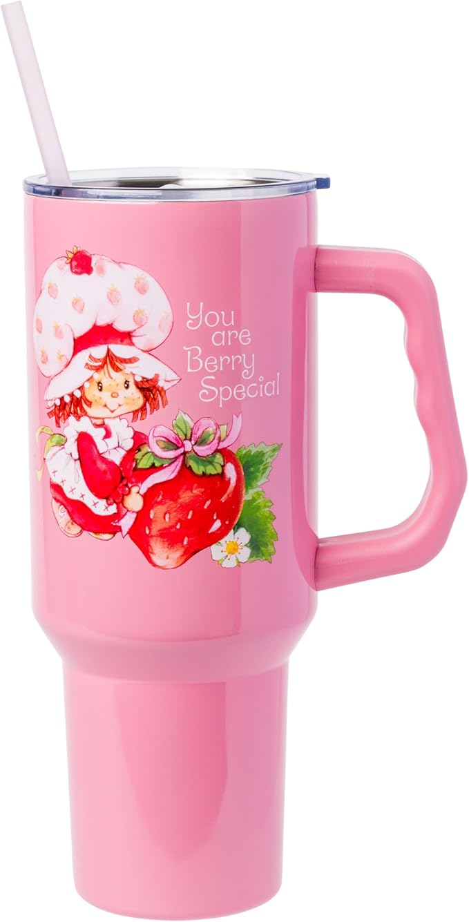 Silver Buffalo Strawberry Shortcake You Are Berry Special Vintage Berry Pink Double Walled Stainless Steel Tumbler with Handle and Straw, Fits in Standard Cup Holder, 40 Ounces