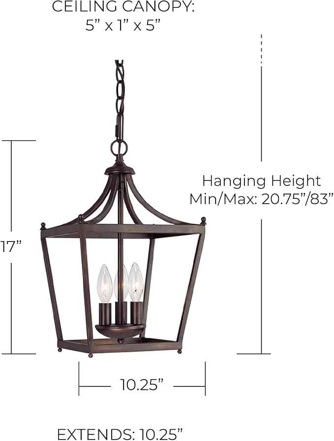 Capital Lighting 4036BB Stanton Geometric Metal Open Frame Lantern Foyer Pendant, 3-Light 180 Total Watts, 17" H x 10" W, Burnished Bronze