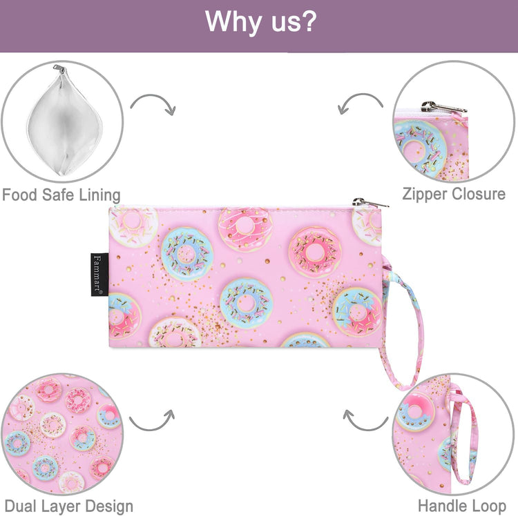 Reusable Sandwich Bag/Snack Bag for Kids & Adults, Dual Layer Lunch Bag with Handle, Washable, Food Safe, BPA Free (2-Pack, Colorful Donut)