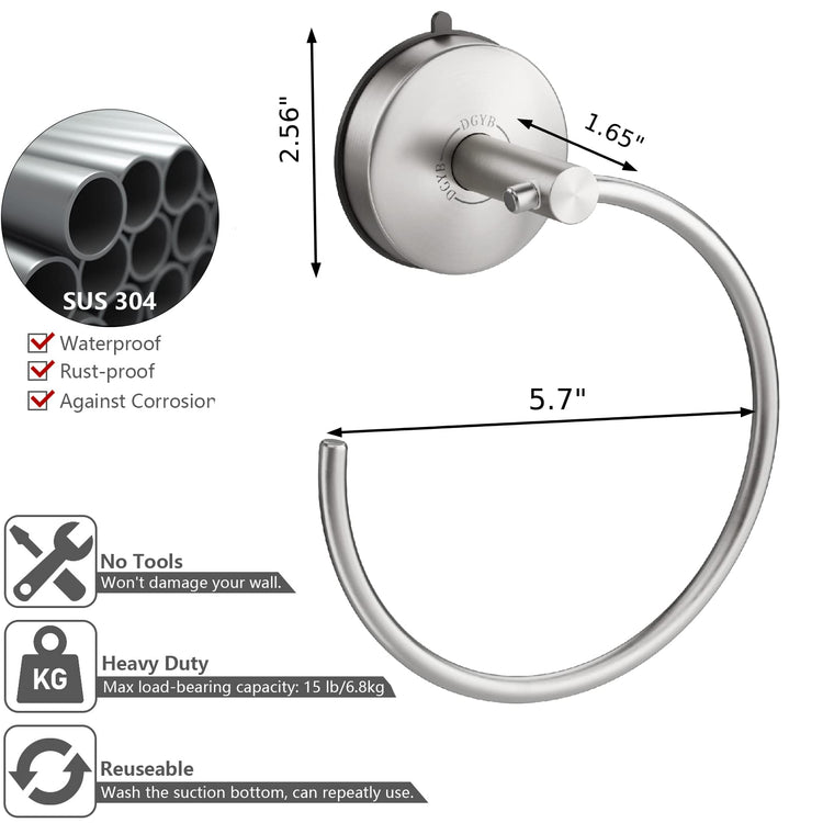 Suction Cup Hand Towel Ring Brushed Nickel Hand Towel Holder for Bathroom Wall SUS 304 Stainless Steel Kitchen Towel Hanger