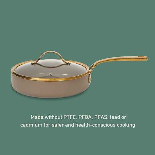 Bloomhouse - Two Time Oprah's Favorite Things Winner - 10 Inch Heavy Duty Aluminum Premium PFA Free Ceramic Nonstick Saute/Deep Frying Pan Skillet with Lid - Cappuccino Cream with Gold Handle