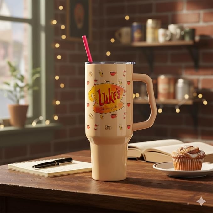 Silver Buffalo Gilmore Girls Luke's Diner Double Walled Stainless Steel Tumbler with Handle and Straw, Fits in Standard Cup Holder, 40 Ounces