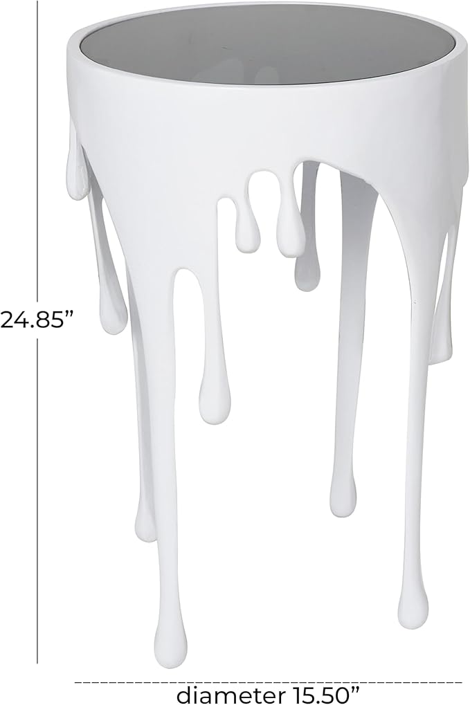 Deco 79 Aluminum Metal Side End Accent Table Drip End Table with Melting Designed Body and Black Shaded Tabletop, Side Table 16" x 16" x 25", White