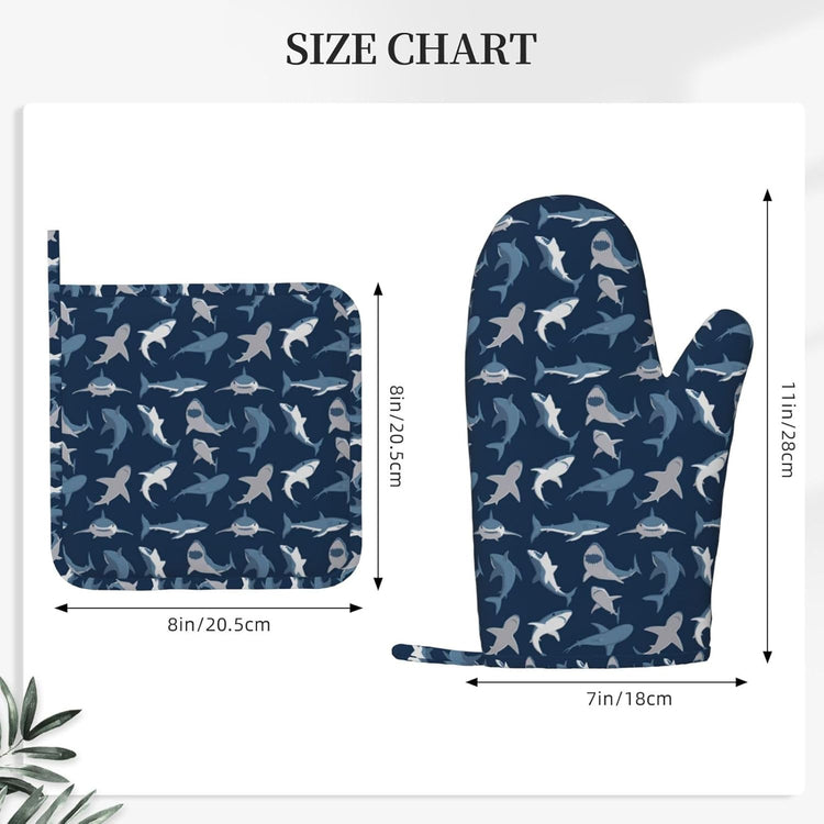 Cool Sharks Oven Mitts and Pot Holders Set of 4 Silicone Blue Grey Sharks Kitchen Mitten Gloves and Non-Slip Potholders Set Heat Resistant Oven Gloves Hot Holders for Kitchen