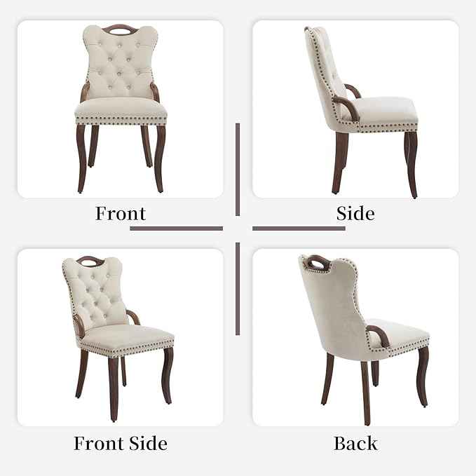 Beige Velvet Dining Chairs Set of 4,Modern Upholstered Dining Room Chairs with Tufted Back and Wood Accents, Curved Solid Wood Legs & Nailhead Trim, Sillas De Comedor Modernas 4