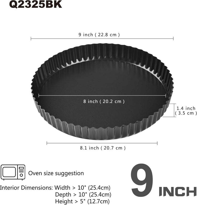 9-Inch Round Tart Pan with Loose Removable Bottom, Non-Stick Carbon Steel Quiche Pan for Oven Baking (Black)