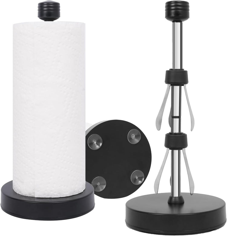 Stainless Steel Black Paper Towel Holder Designed for Easy One-Handed Operation - This Sturdy Weighted Paper Towel Dispenser Countertop Model Has Suction Cups and Holds All Paper Towel Rolls (Black)