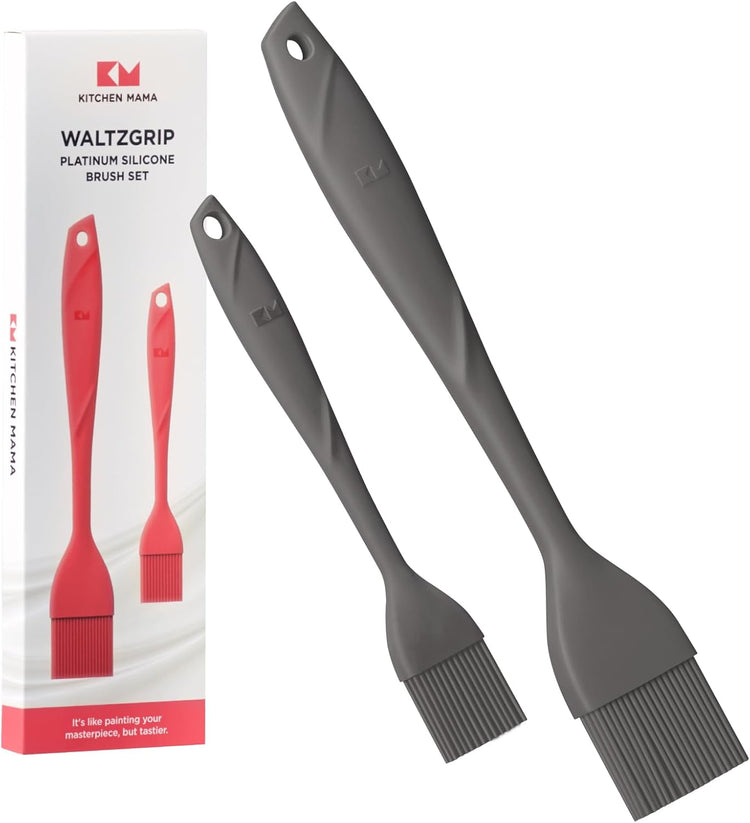 Kitchen Mama WaltzGrip Platinum Silicone Basting Pastry Brush: Set of 2 Heat-Resistant Brushes for Cooking, Baking, Grilling, and Spreading Oil or Butter - Dishwasher-Safe (Metal Gray)