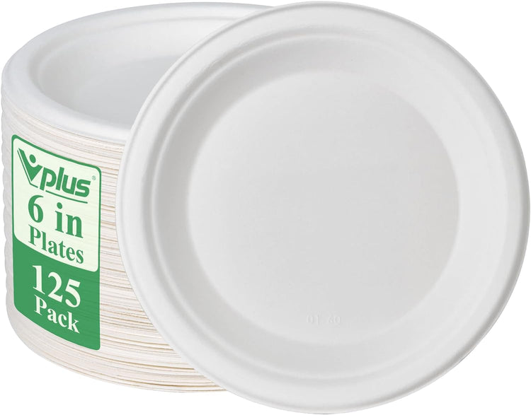 Vplus 125 Pack 6 inch Paper Plates 100% Compostable, Heavy-Duty Disposable Paper Plates Bagasse Natural Biodegradable Eco-Friendly Sugarcane(White)