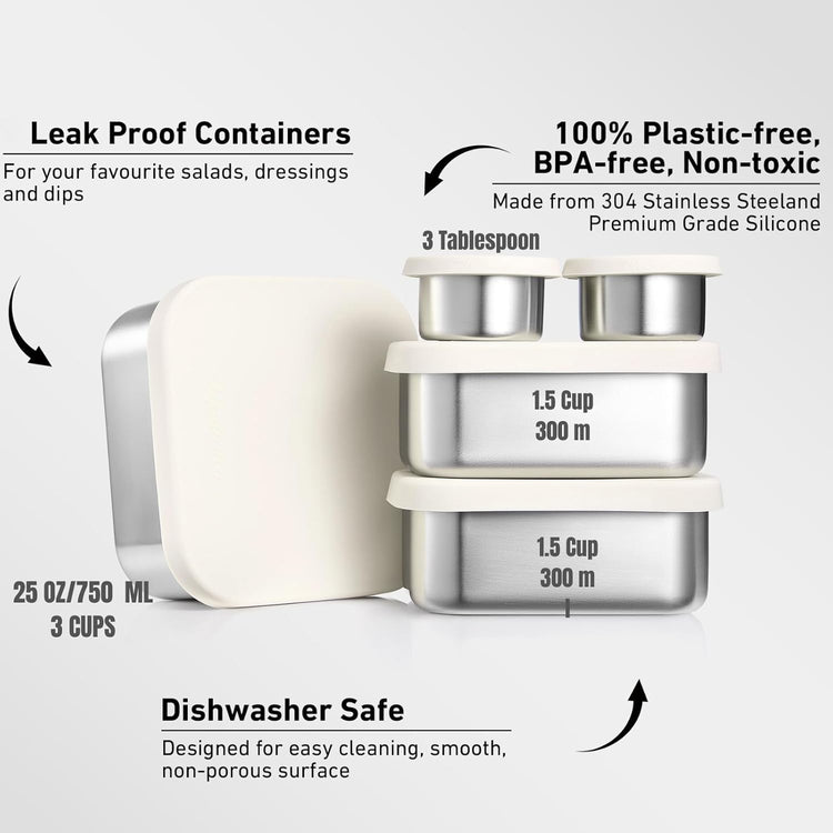 Flexibento - Leak proof Stainless Steel Lunch Box | Lunch Containers with Silicone Lids | Steel Bento Box |Metal lunch Box|1 * 25 OZ+ 2 * 13 OZ + 2 * 2 OZ| Set Of 5 |Vanilla