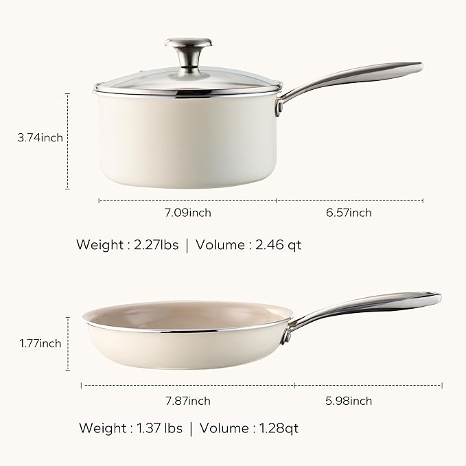 Redchef Sauce Pan & Frying Pan Set, 8" Ceramic Nonstick Fryingpan & 2.5Qt Saucepan with Lid, Mini Cookware Set, Induction Compatible, Nontoxic PTFE PFOA Free, Oven & Dishwasher Safe, Beige