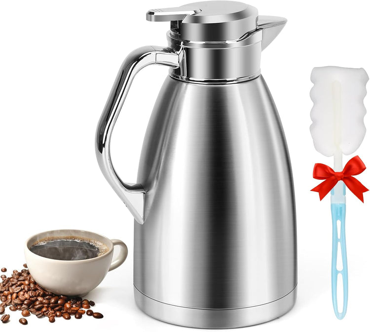 Coffee Carafes for Keeping Hot, ShineMe Stainless Steel Thermal Coffee Carafe with Cleaning Brush, Double Walled Vacuum Coffee Pot,61oz Insulated Tea & Coffee Dispenser, Long Heat/Cold Retention