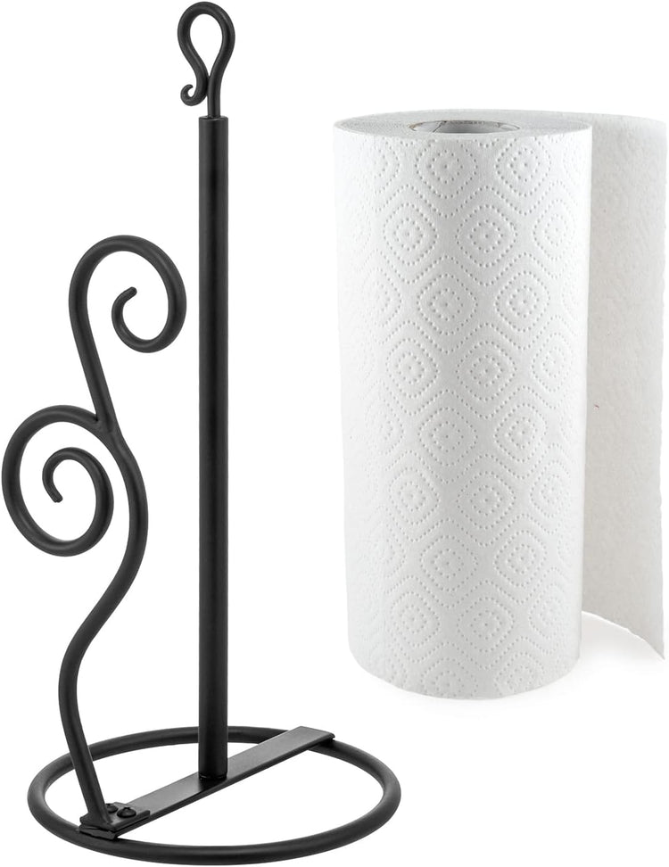 MyGift Rustic Burnt Solid Wood and Industrial Matte Black Metal Dining Combination Caddy with Paper Towel Roll Dispenser Stand, Napkin Holder, and Spice Rack (Matte Black Metal)