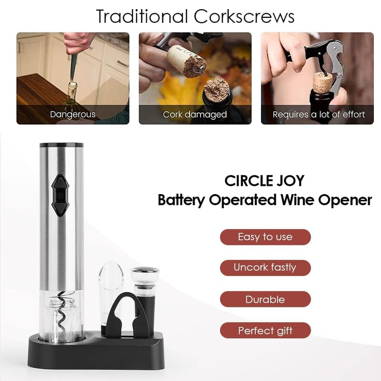 5-in-1 Electric Wine Opener Gift Set Stainless Steel Electric Wine Bottle Opener Battery Operated Corkscrew with Foil Cutter, Wine Pour, Wine Stopper and Storage Base, Silver