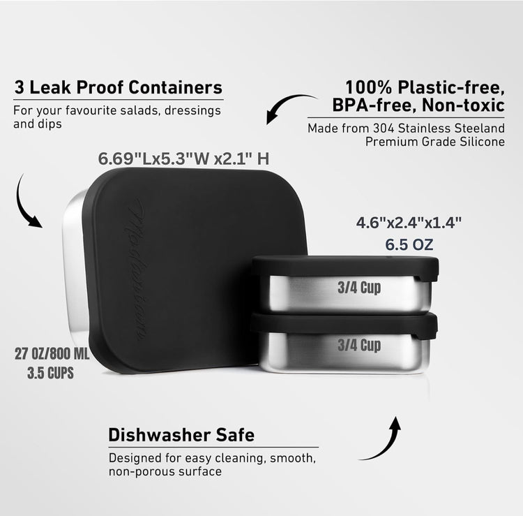Flexibento - Leak proof Stainless Steel Lunch Box | Bento Box |Food , Lunch Containers with Silicone Lids| sandwich and Snack Containers |Metal lunch Box |Black | 27 OZ, 2*6.5 OZ| Adjustable Divider