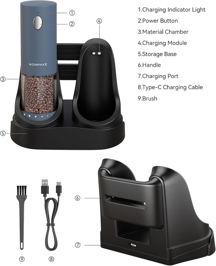 Electric Salt and Pepper Grinder Set - Automatic Refillable Salt and Pepper Grinders with Charging Base & LED Light, 6-Level Adjustable Coarseness with External Dial, Ideal Kitchen Gadget๏ผBlue