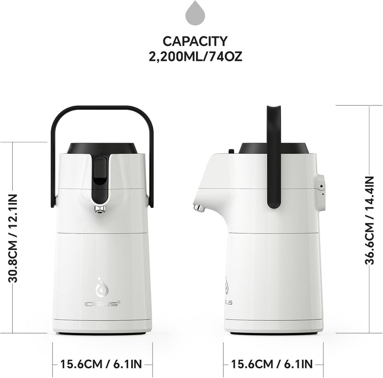 IDEUS Thermal Coffee Carafe 74oz (2,200ml), Stainless Steel Double Wall Insulated Vacuum Flask, Water Jug Coffee Server and Beverage Dispenser, Heat and Cold Retention (White, 74oz (2,200ml))