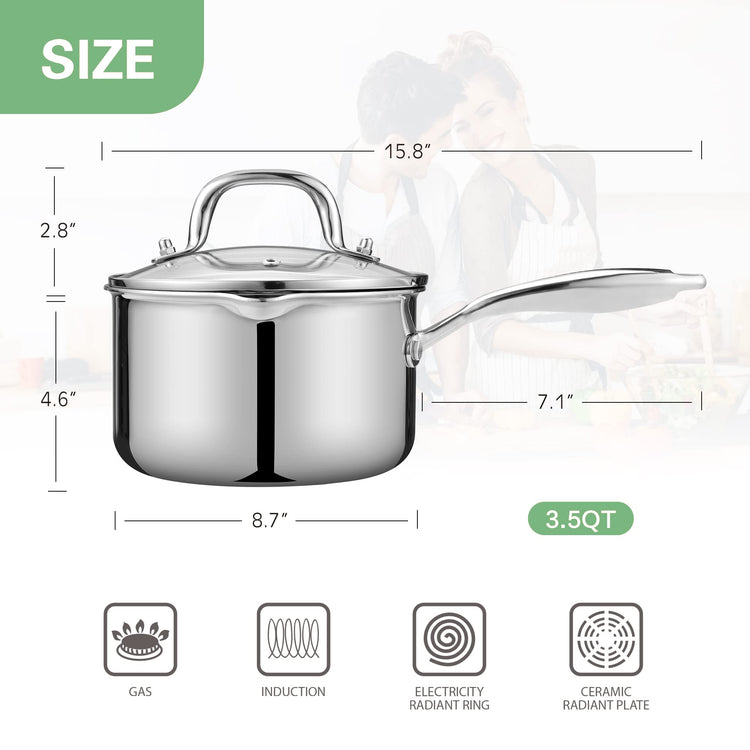 3.5 Quart Stainless Steel Pot Saucepan with Glass Strainer Lid