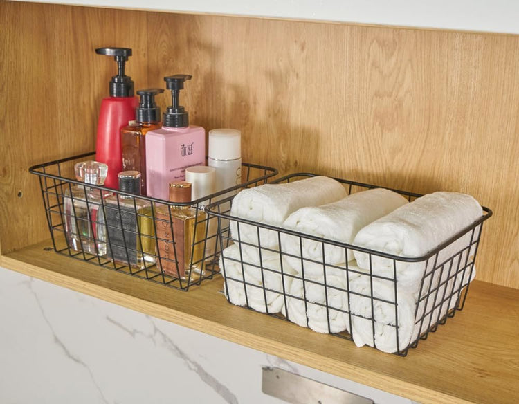 Wire Kitchen Storage Basket 4 Packs,Perfect Pantry Organization Accessories Basket,Laundry Baskets,Countertop Organization,Suitable for Kitchen,Bathroom,Bedroom,Tabletop,Stackable,Black