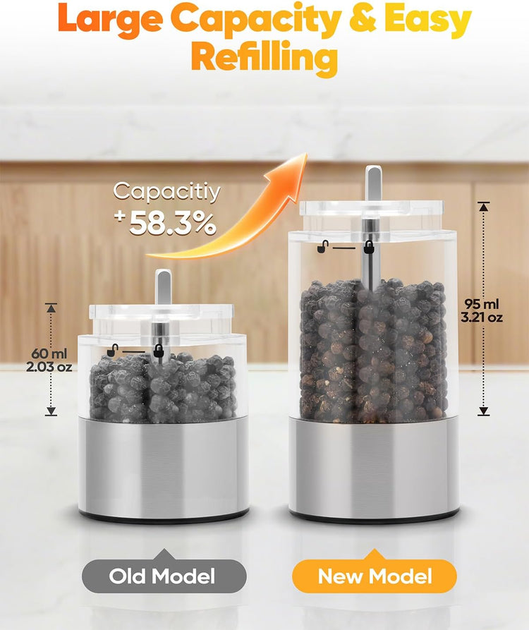Electric Salt and Pepper Grinder Set Rechargeable, Automatic Salt and Pepper Grinder Set for Kitchen, USB Charging Base & LED Light, Adjustable Coarseness, Stainless Steel