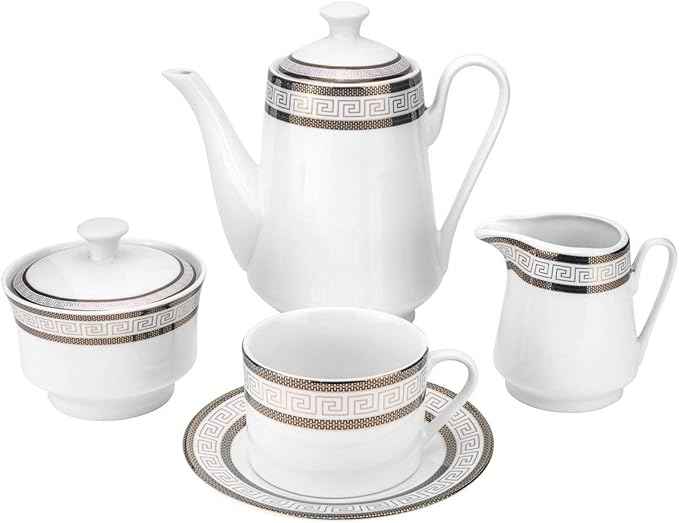 Euro Porcelain 57-pc Banquet Dinnerware Set, Luxury Tableware Dining Service for 8 (Greek Key Dark)