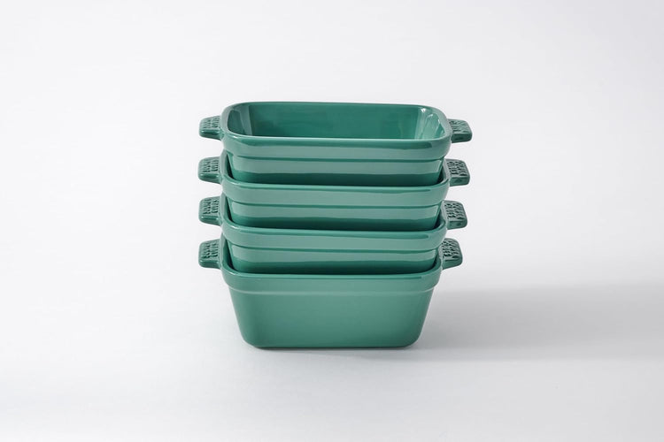 Souper Cubes Stoneware - Small Ceramic 5" x 3" Baking Dish with Silicone Covers, Small Baking Dishes for Oven Perfect for Reheating Single Serve Portions, Set of 4 - Kale