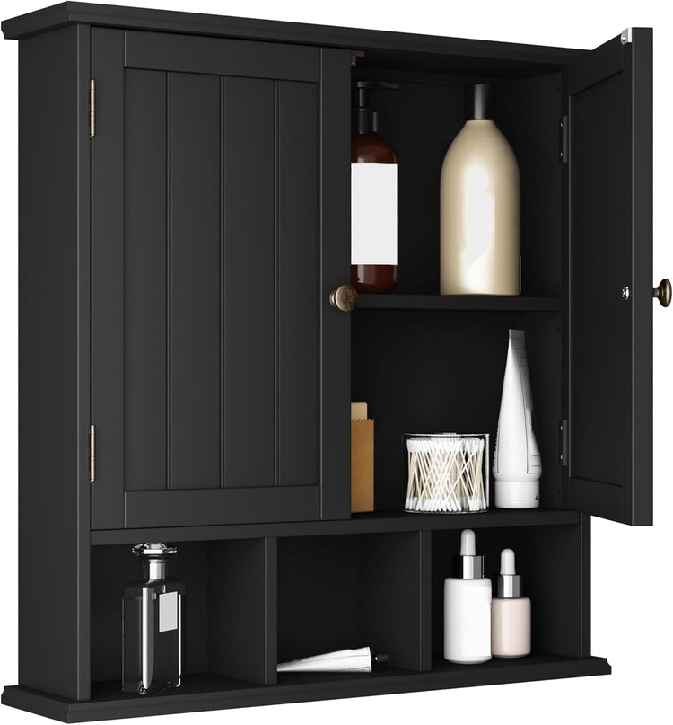 ChooChoo Bathroom Cabinet Wall Mounted 2-Door with 3 Open Shelves, Wooden Medicine Cabinets with Adjustable Shelf,Space Saver Storage Cabinets Over The Toilet for Bathroom&Living Room,Black