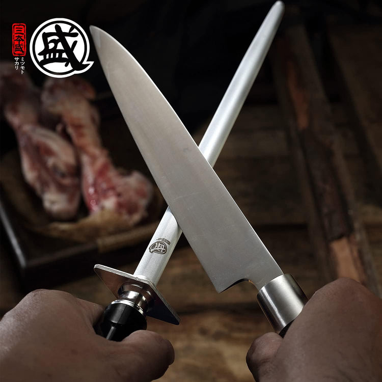 MITSUMOTO SAKARI 12 inch Japanese Honing Steel - Round Diamond Knife Sharpening Rod, Professional High Carbon Sharpener with ABS Handle & Powerful Magnet