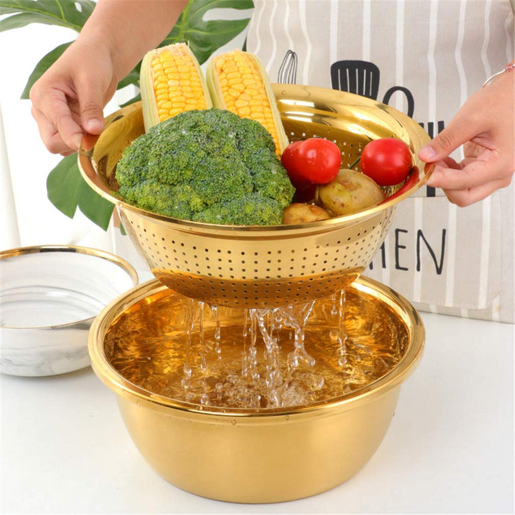 3-In-1 Multifunctional Grater Basin Colander Strainer Set, Mingcheng Stainless Steel Kitchen Grater/Drain Basket/Bottom Basin for Washing Rice, Fruits, Vegetable, Grater with Container (Rainbow) (3 Count)