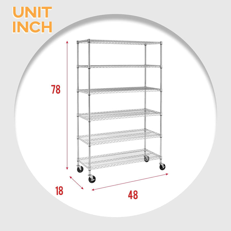 FDW 48 inch L×18 inch W×76 inch H Wire Shelving Unit Metal Shelf with 6 Tier Casters Adjustable Layer Rack Strong Steel for Restaurant Garage Pantry Kitchen Garage, Chrome