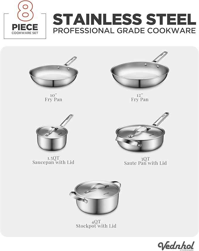 Stainless Steel Cookware Set, 8 Pcs Tir-Ply Pots and Pans Set, PFOA&PTFE Free, Dishwasher&Oven Safe, Kitchen Induction Compatible, ollas de acero inoxidable para cocinar