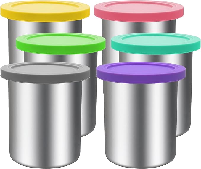 Stainless Steel Pint Containers & Lids Compatible with Ninja Creami ice Cream Maker NC500, NC501, CN501CO Delux Seriesā 6 Pack, 24 oz, Silicone Lids, BPA-Free, Dishwasher Safe