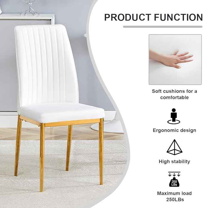 White Dining Chairs Set of 8 Leather Modern Kitchen Chairs with Metal Legs Armless Upholstered Chair for Dinner Room, Office, Waiting Room(Set of 8, White Golden Chair)